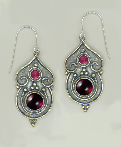 Sterling Silver Gothic Inspired Drop Dangle Earrings With Garnet And Pink Tourmaline